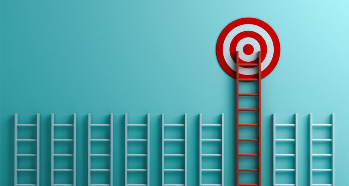 Long red ladder to goal target the business concept on blue pastel color background with shadows 3D rendering